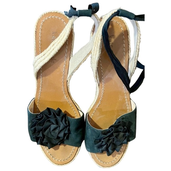 Kate Spade Black Suede Espadrille Wedge Sandals with Ribbon Flower Accent - Picture 2 of 9